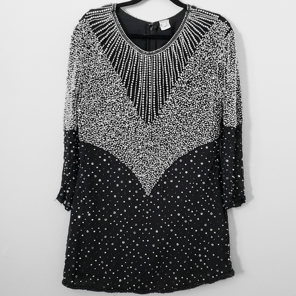 Vintage 1980s Silk Beaded Shift Dress - Picture 1 of 15